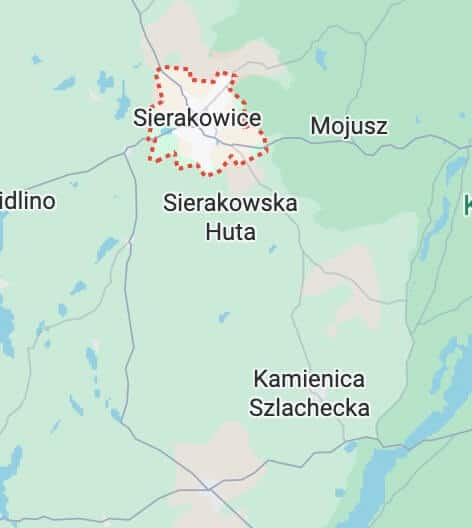 Mapa przedstawiająca okolice Sierakowice w Polsce, z zaznaczonymi pobliskimi miejscowościami, takimi jak Sierakowska Huta, Mojusz i Kamienica Szlachecka. Zaznaczone są również lokalizacje pomocy drogowej i usług lawety. Sierakowice zaznaczono czerwoną przerywaną obwódką.