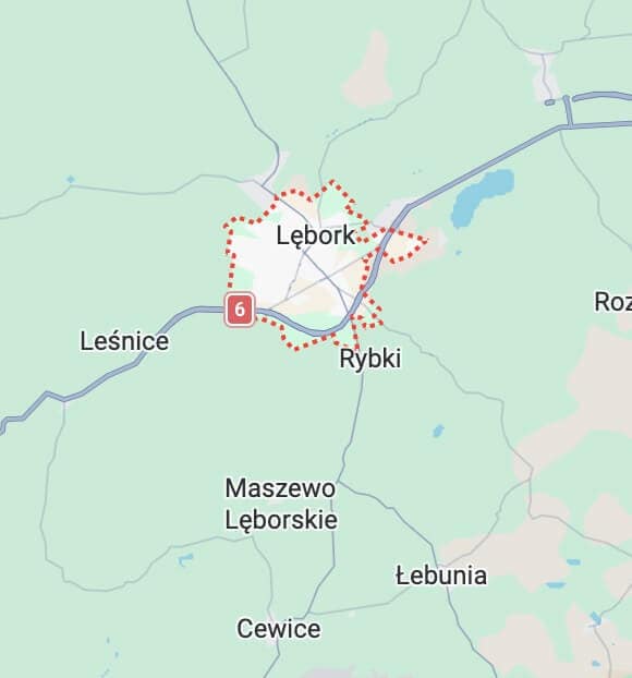 Mapa przedstawiająca miasto Lębork zaznaczone na czerwono w pobliżu trasy nr 6, z pobliskimi miejscowościami, takimi jak Leśnice, Rybki, Maszewo Lęborskie, Cewice i Łebunia - idealne do zlokalizowania usług pomocy drogowej lub holowania.