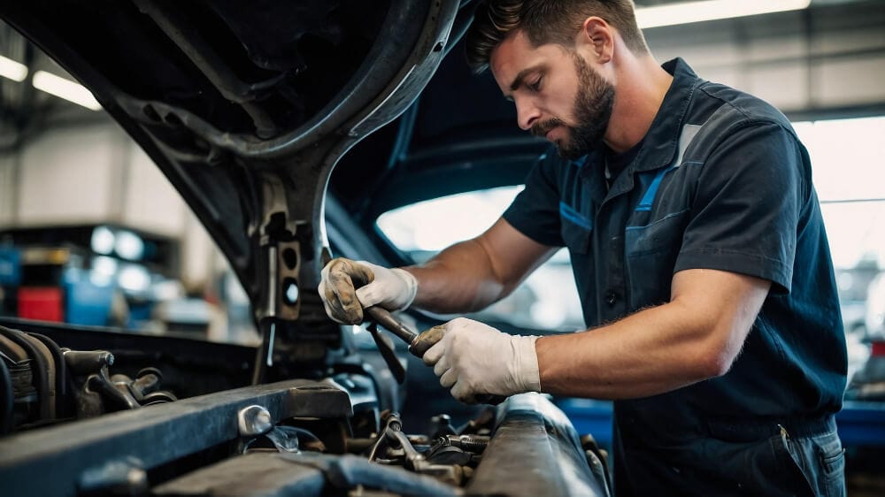 Mechanik w rękawiczkach i mundurze marynarskim pracuje nad silnikiem samochodu w jasno oświetlonym warsztacie samochodowym, z otwartą maską pojazdu - gotowy do udzielenia pomocy drogowej, gdy jej najbardziej potrzebujesz.